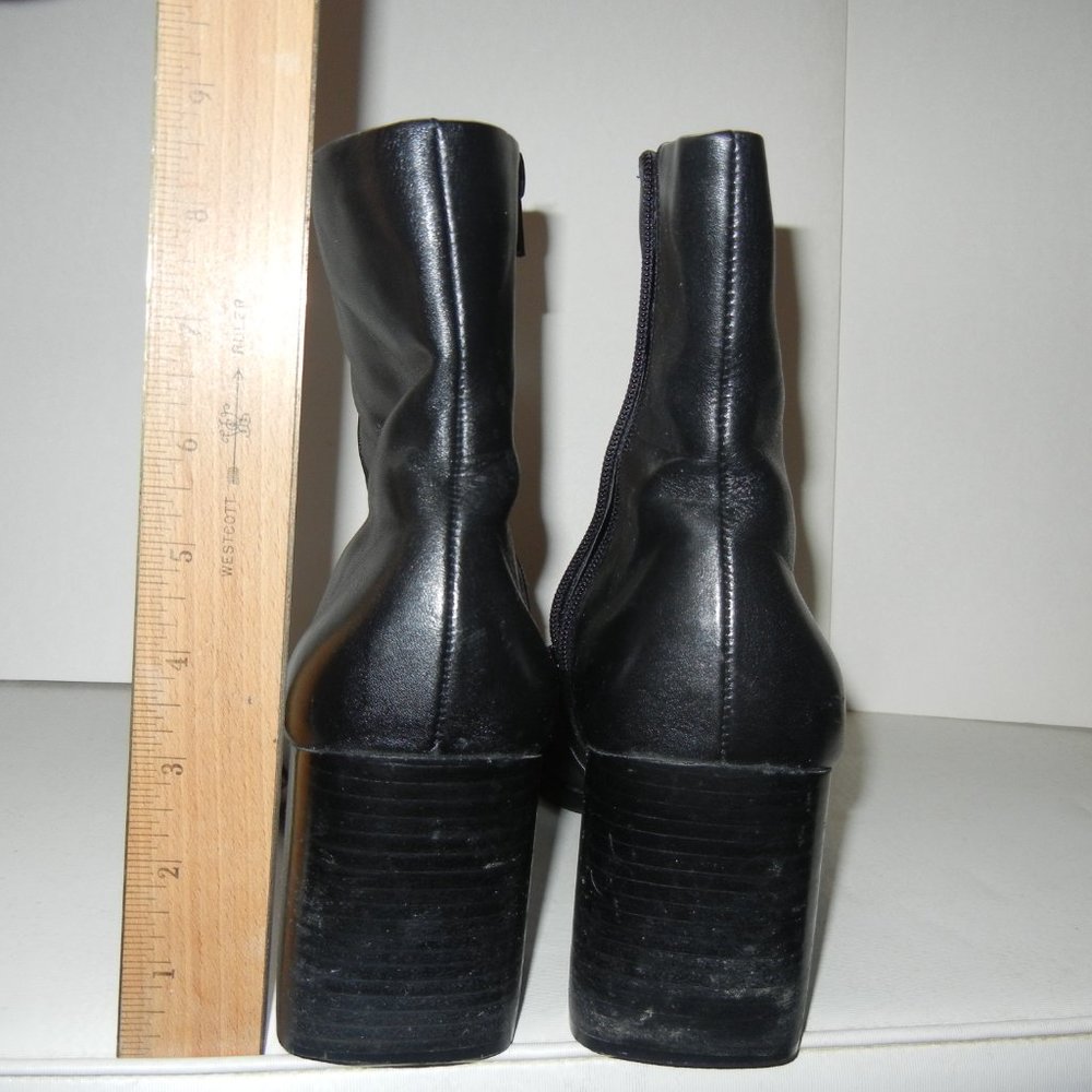Y2K Chunky Vintage 10M Black Leather Ankle Boot Full Zip Block Heel Square Toe - Picture 4 of 12